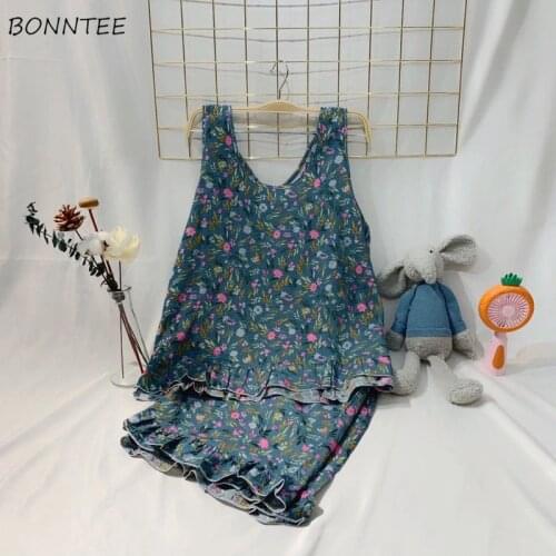Pajama Sets Women Summer Thin Cotton Kawaii Sleeveless Printed Homewear Girl Comfortable Japanese Style Leisure Various Colors