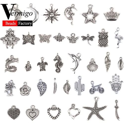 30Pcs Tibetan Silver Metal Heart Animal Plant Star Alloy Charms Pendants for Jewelry Making Diy Handmade Bracelets Accessories