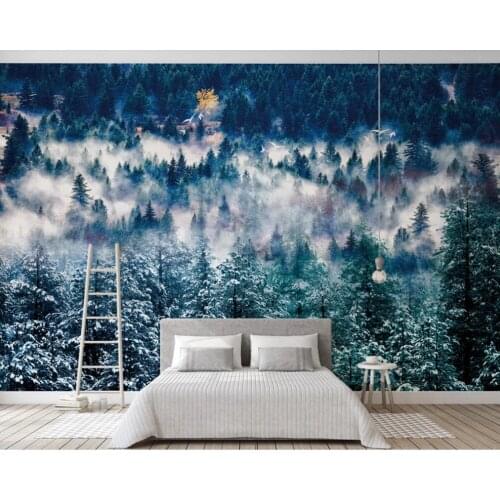 Custom 3D wallpaper murals Nordic style foggy pine clouds misty snow background wall paper mural