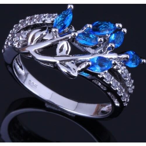 Eye-Catching Plant Blue Cubic Zirconia White CZ Silver Plated Ring V0436