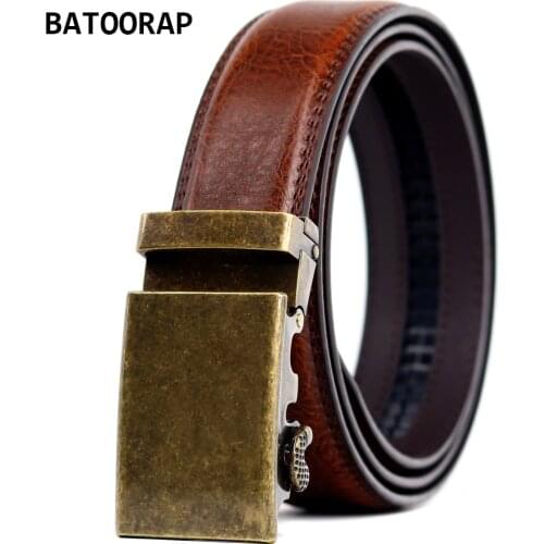 Casual Leather Belt For Men Cowhide High Quality Ratchet Belt Retro Gold Metal Automatic Buckle Male Brown Waist Dress Strap