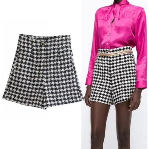 TRAF Za High Waist Black Shorts Women Houndstooth Casual Bermuda Shorts Woman Fashion Plaid Short Pants Sets New 2021