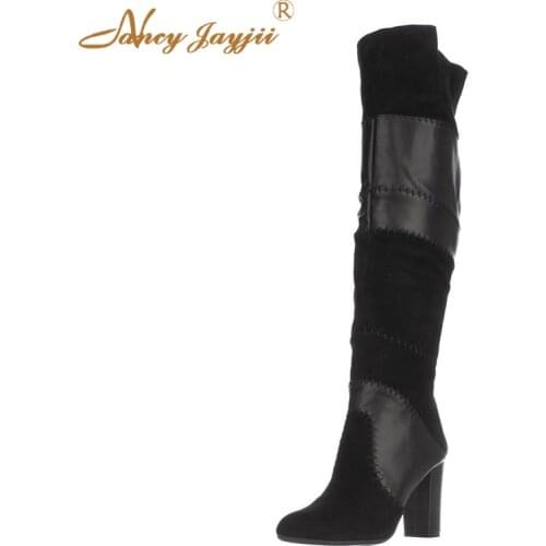 Genuine Leather Kid Suede Women Shoes Adult ladies Black Boots Zipper Over-the-knee Slip-on Super High Square heel Winter 2019