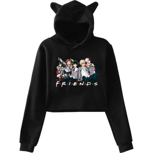 My Hero Academia Cat Cropped Sweatshirt Long Sleeve Casual Cartoon Crop Hooded Crop Top Japanese Anime Friends Women Pullover