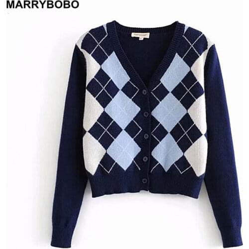 Women Knit Plaid Cardigan Sweater 2020 Casual V-Neck Long Sleeve Outerwear Vintage Geometric Rhombic Chic Warm Tops