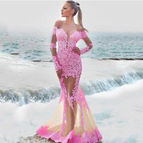 Mermaid Illusion Evening Dresses 2021 Women Eleglant Lace Sexy V-Neck Floor Length Long Sleeve Prom Gowns Custom robes de soirée