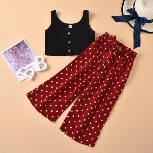 Children Summer Vacation Clothing Infant Kids Fashion Clothes Bow Vest Crops Tops Polka Dot Adjustable Long Pant