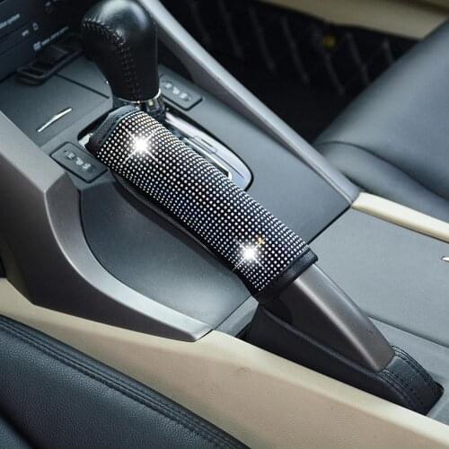 1pcs Super Bling Crystal Handbrake Cover Dust Proof Black PU Protective Covers Car Decor Accessories