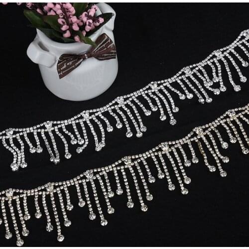 1 yard 5.4 cm Silver Tassel Crystal Rhinestones Chain Trims for Clothes Collar Necklace Bags Hats Trims Wedding Dress Appliques