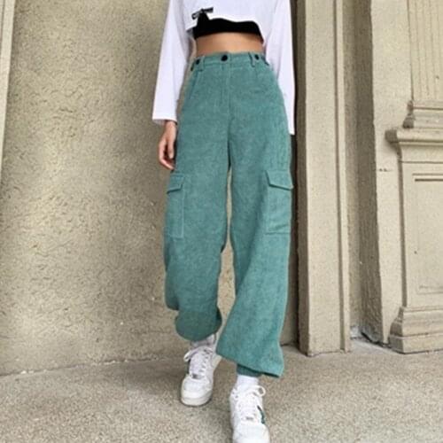 2021 Casual Autumn Green Corduroy Harem Pants Pocket Vintage High Waist Long Trousers Ladies Fashion Korean Skinny Joggers