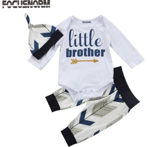 Newborn Baby Boys Infant Kids Clothing Sets Cotton Long Sleeve Little Brother Print Romper +Pants Hat 3Pcs Outfits Clothes Set