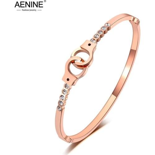 AENINE Trendy Titanium Stainless Steel Handcuffs Bangles Bracelets For Women AAA CZ Crystal Cuff Bangle Bracelet Jewelry AB19066