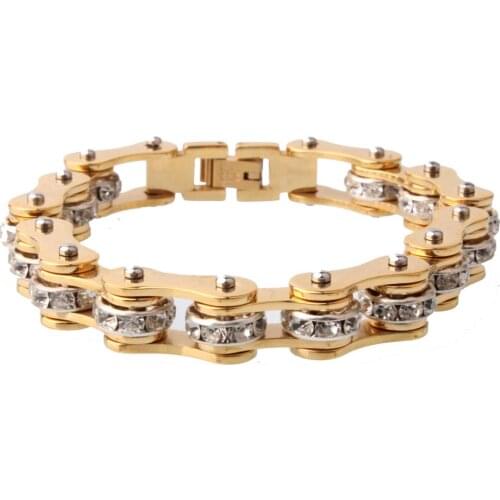 Granny Chic Cool Jewelry Heavy 9mm Gold Tone Stainless Steel Mens Bike Chain Bracelet for Men AAA Crystal bracelets for women