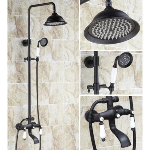 Black oil Antique Brass Wall Mounted Rain Bathroom Rainfall Shower Faucet Set with Hand Spray Shower Head Tub Mixer Tap 2hg144