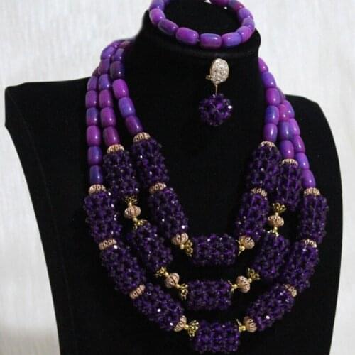 Dudo Costume Necklace Purple Jewelry Sets Handmade Beaded Balls Nigerian Wedding African Beads Jewelry Set 3 Layers 2021