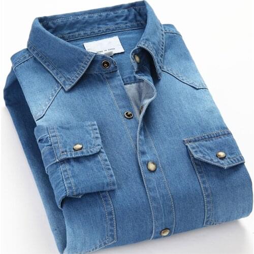Fashion Men Denim Shirt Thin Long Sleeve Soft 100% Cotton Double Pockets Slim Slight Elastic Jeans Blue Tops Cowboy Clothing