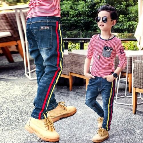 2019 Big Boys Jeans Fashion Teen-ages High Quality Elastic Waist Cotton Full Length Jeans Appliques Straight size 100-160