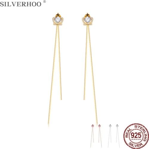 SILVERHOO 100% Sterling Silver 925 Jewelry Gold Color Tassel Cross Crown Earrings For Women Clear Cubic Zirconia Drop Earring