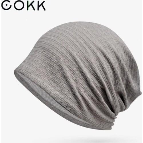 COKK Cotton Beanie Autumn Smmer Hats For Men Women Breathable Thin Beanie Cap Stripe Solid Color Bonnet Baggy Cap Soft New
