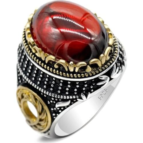 Turkish Men Ring with Natural Red Big Stone Zircon Pure 925 Sterling Silver Vintage Rings for Women Male Gift with CZ Jewelry