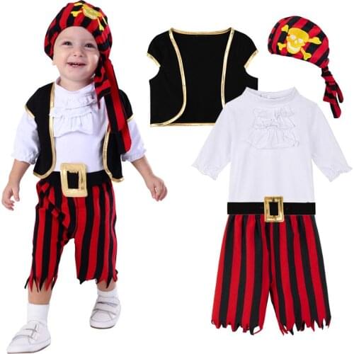 Baby Pirate Outfit Costume Infant Halloween Romper Toddler Captain Stinker Pirate Captain Clothes Set with Vest Cap Belt