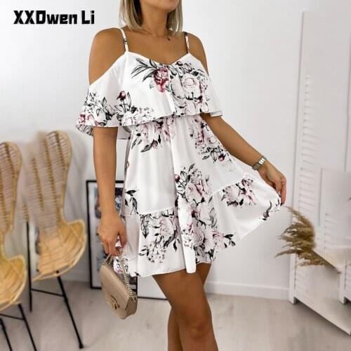 Summer Sexy Spaghetti Strap Off Shoulder Floral Print Mini Dress for Woman Casual White Ruffles Beach Dresses Vacation Sundress