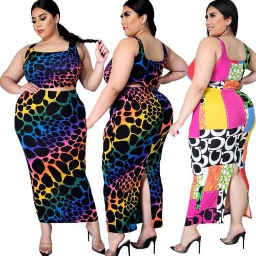 Summer Plus Size Women Clothing Two Piece Set 5xl Sleeveless Tops and Skirt Set Streetwear Leopard Outfit Wholesale Dropshipping