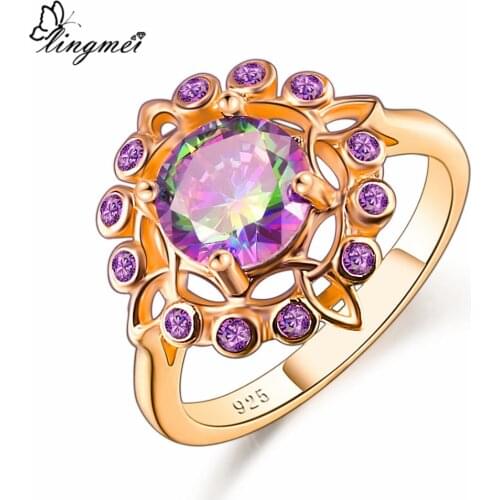 Lingmei New Come Popular Luxury Round Multi Purple & Green CZ GoldRing Size 6-9 Wedding Women Jewelry Party