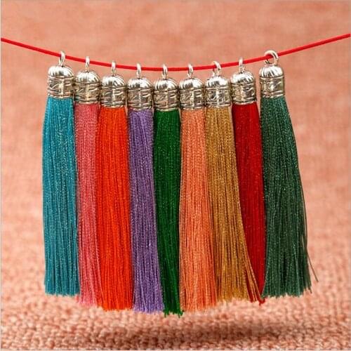 5pcs 90mm Metal Antique Silver Caps Cotton Tassels Charms Imitation Silk Satin tassels Pendant for Earring DIY Jewelry Making