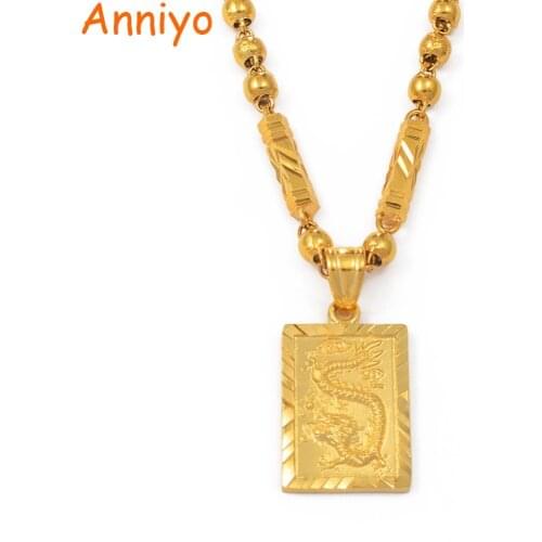 Anniyo Mens Dragon Pendant and Ball Beads Chain Necklaces Gold Color Jewelry for Father or Husbands Gift #006809P