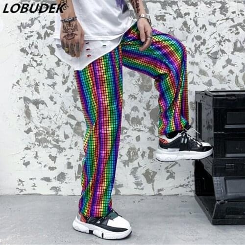 Men Multi-color Striped Plaid Harem Pants High Street Tide Male Rap Singer Dancer Hip Hop Stage Loose Casual Pants Trousers New
