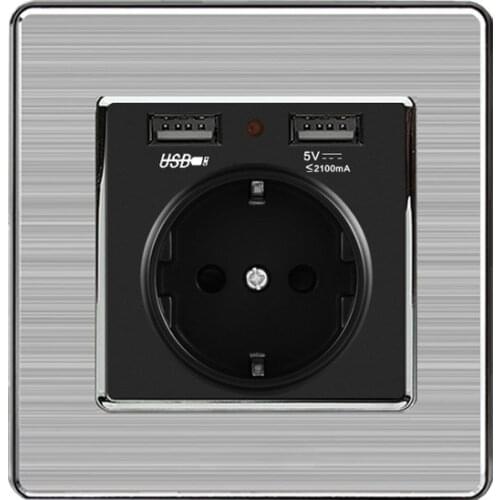 German socket Dual USB Charging Port 5V 2.1A Wall Charger Adapter LED Indicator 16A EU Socket Power OutletStainless Steel Panel