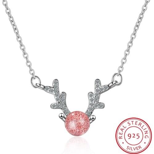 Cute Natural Strawberry Crystal Antler Necklace 925 Sterling Silver Animal Clavicle Chain Necklace For Women