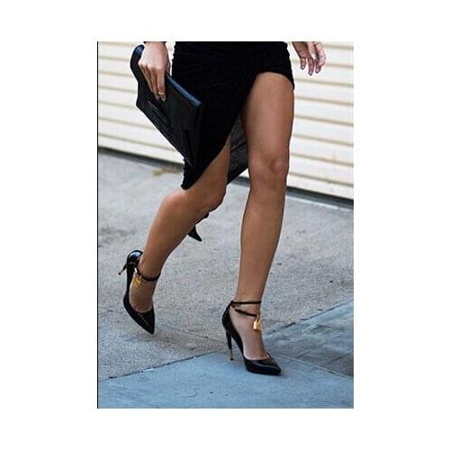 Woman sexy pumps charming black leather elegant beige office lady outfit fashionable gold metal lock decorated pointed toe heels