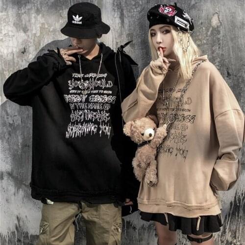 Street Hipster Hip Hop Letters Print Washed Sweatshirt Hoodie With Necklace Men Women Loose Oversize Hooded Pullover Cotton Tops