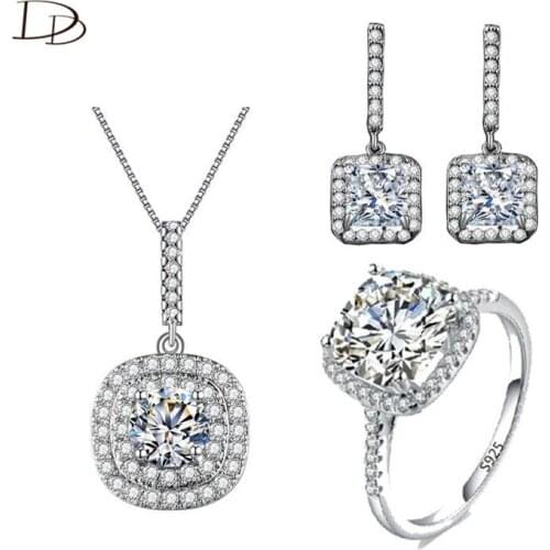 AAA rhinestone jewelry sets white gold color jewellery femme pendant necklace drop earrings square ring bridal bijoux ASM005