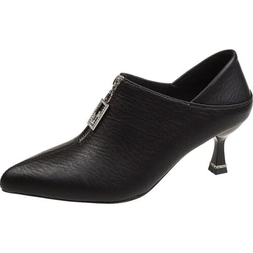 Women Shoes Heel Solid Mom Shoes Zipper Wedding Female Pumps Boots Autumn Winter PU Leather Pointed Toe Thick High U14-51