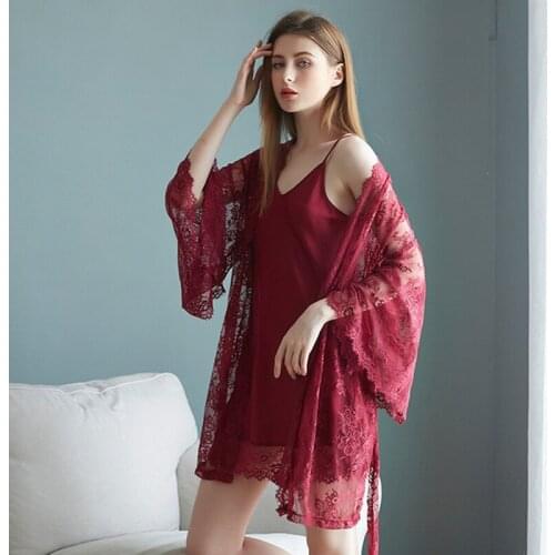 Yhotmeng pajamas woman summer sleep wear womens Sling nightdress sexy lace nightgown two-piece ladies home service suit women