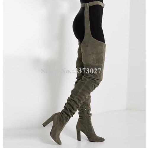 Suede Chunky Heel Wasit Pants Thigh High Boots Lady Pointed Toe Conjoined Belt Over the Knee Long Boots Woman Motorcycle Boots