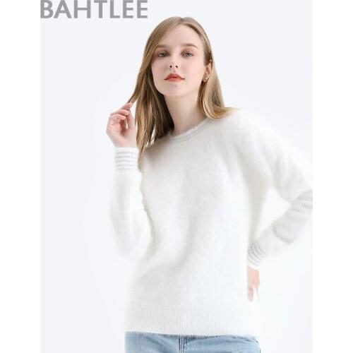 BAHTLEE Women Angora Pullovers Sweater Autumn Winter Wool Knitted Jumper Long Sleeves O-Neck Silver Wire Suit Basic Style