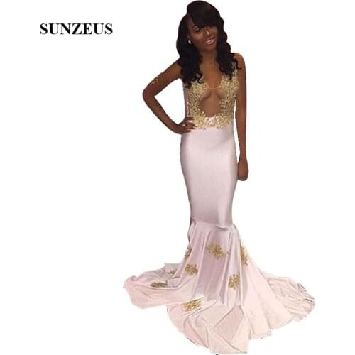 Mermaid Long Ivory Prom Dresses With Gold Appliques Illusion Bodice Black Girls Party Gowns vestido formatura