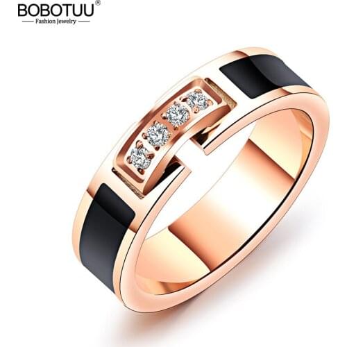 BOBOTUU Trendy Stainless Steel Wedding Ring Rose Gold Color Ring For Women AAA Cubic Zirconia Female Engagement Jewelry BR19103