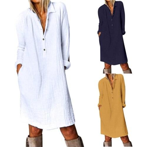 Women Cotton Linen Dress 2021 Spring Autumn Casual Loose Solid Color Long Sleeve Button Turn Down Collar V-Neck Dresses