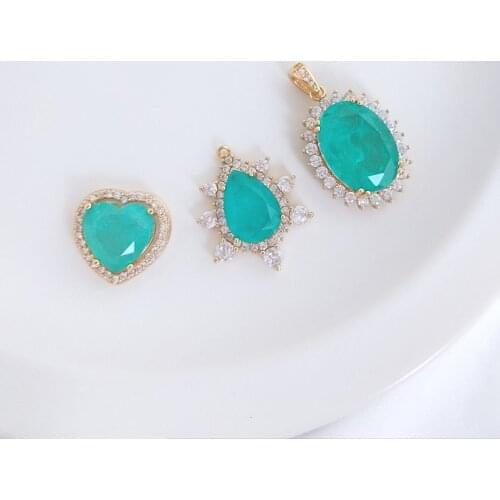 Copper 14K Gold Zircon Caibao Paraiba Heart Oval Water Drop Blue Pendant Charms 1pcs For DIY Jewelry Necklace Making Accessories