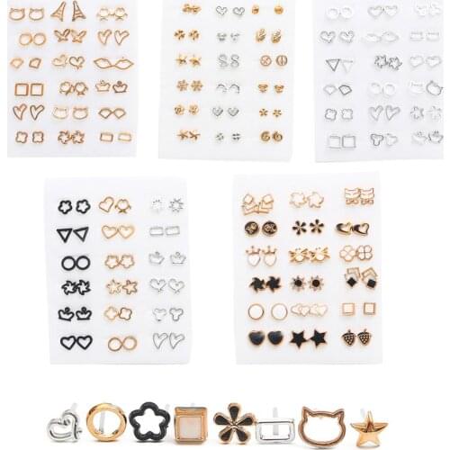 18pairs Crystal Earrings Mixed Styles Rhinestone Flower Geometric Gold Balck Plastic Stud Earrings Set For Women Girls Jewelry