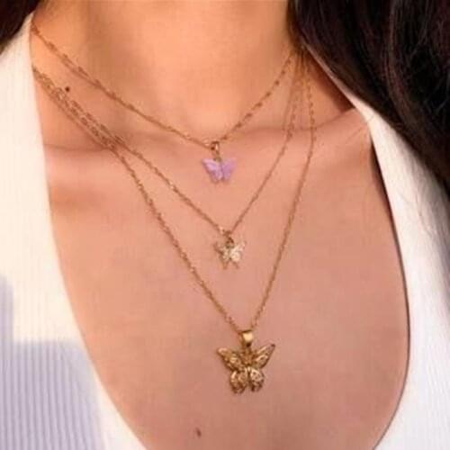 3 Pcs/Set Sweet Animal Butterfly Gem Gold Necklace for Women Trendy Multilayer Pendant Chain Necklace Jewelry Gifts