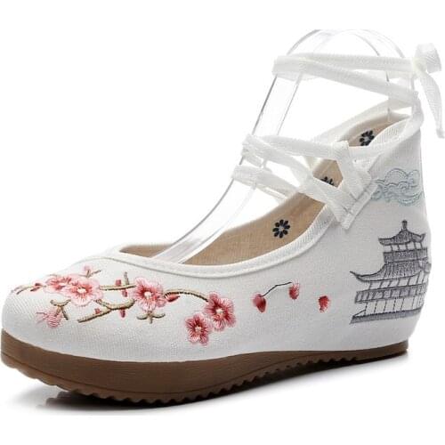 Women Ankle Strap Cotton Fabric Ballet Flats Flowers Embroidered Ladies Casual Comfortable White Shoes Ballerinas Shoes