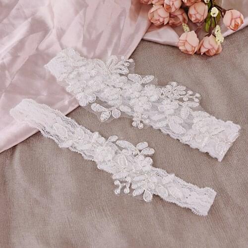 Handmade White Lace Wedding Garter Lace Embroidery Floral Sexy Garters 2pcs Set for Women Bride Thigh Ring Bridal Leg Garter