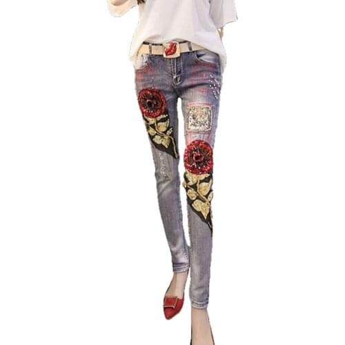 European Fashion Beading Sequined Hole Embroidery Straight Capris Pencil Denim Pants Jeans A-143