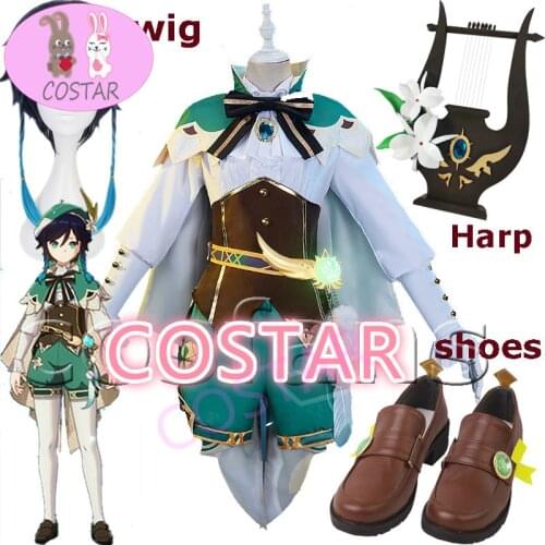 Game Genshin Impact Venti Cosplay Costume Genshin Impact Venti Cosplay PU Leather Shoes Halloween Carnival Cosplay PVC Harp Prop